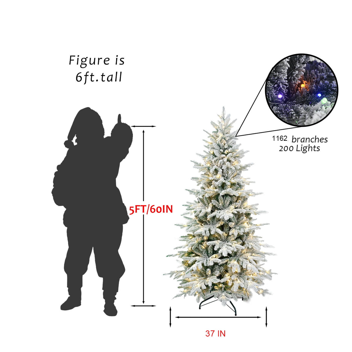 Makeatree 6 ft Prelit Snow Flocked Christmas Tree Frosted Artificial Xmas Tree with Multicolor Lights &1582PE PVC Tips, 9 Color Modes