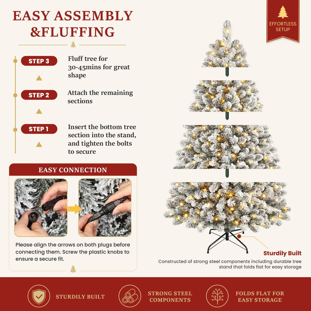 Lolsea 7ft Prelit Snow Flocked Artificial Holiday Christmas Tree w/ Warm White Lights, Foldable Stand, Full Snow Branch Tips