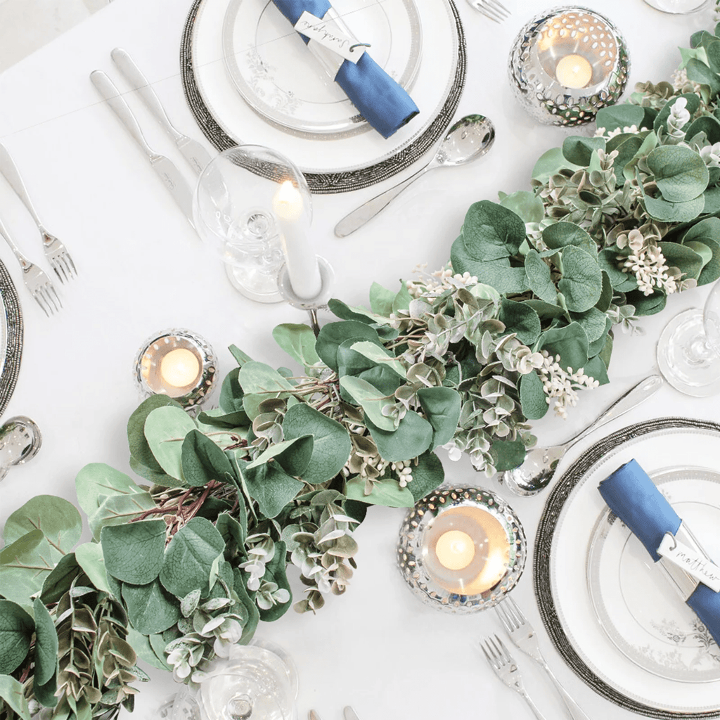 Scidweet Christmas Eucalyptus Garland, 2 Pcs 6.56 FT Artificial Greenery Garland Silver Dollar Leaves Boxwood Vines with White Buds for Home Wedding Party Table Mantle Xmas Decor