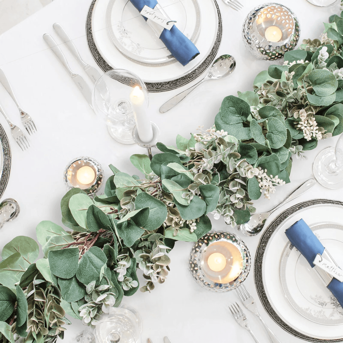Scidweet Christmas Eucalyptus Garland, 2 Pcs 6.56 FT Artificial Greenery Garland Silver Dollar Leaves Boxwood Vines with White Buds for Home Wedding Party Table Mantle Xmas Decor