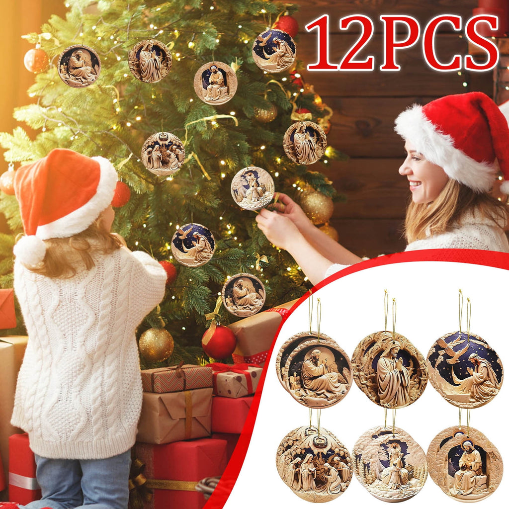 Wooden Christmas Ornaments, Nativity Scene Decorations, 12-Piece Handcrafted Wooden Nativity Ornament Set, Traditional Christmas Tree and Home Decor