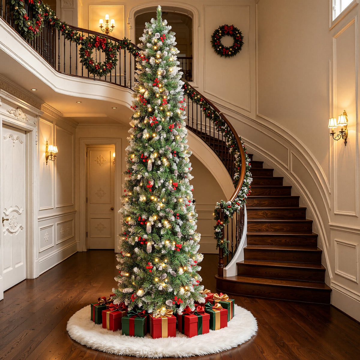 Aufeile 6ft Pencil Christmas Tree, Slim Pre-Lit Xmas Tree, 200 LED Lights, 600 Hinged Tips, Pine Cones, Berries, Metal Stand