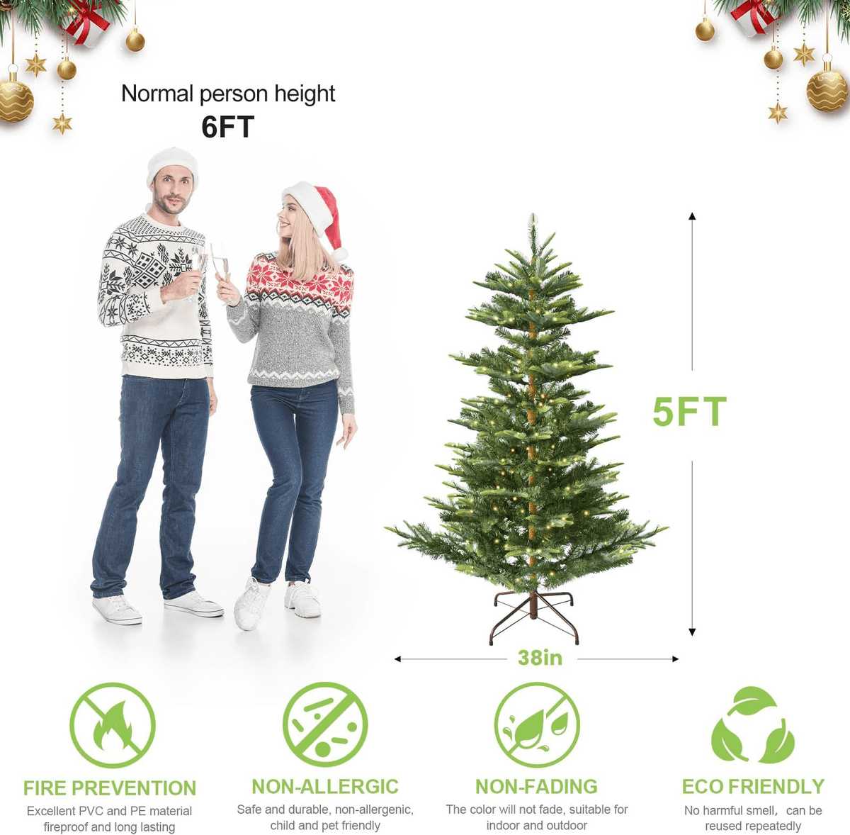 Makeatree 5ft Pre-lit Christmas Tree with 250 LED Lights, Aspen Fir, Layered & Sparse Design, Hinged Artificial Green Christmas Tree with PE&PVC Branch Tips, Fake Xmas Tree Indoor