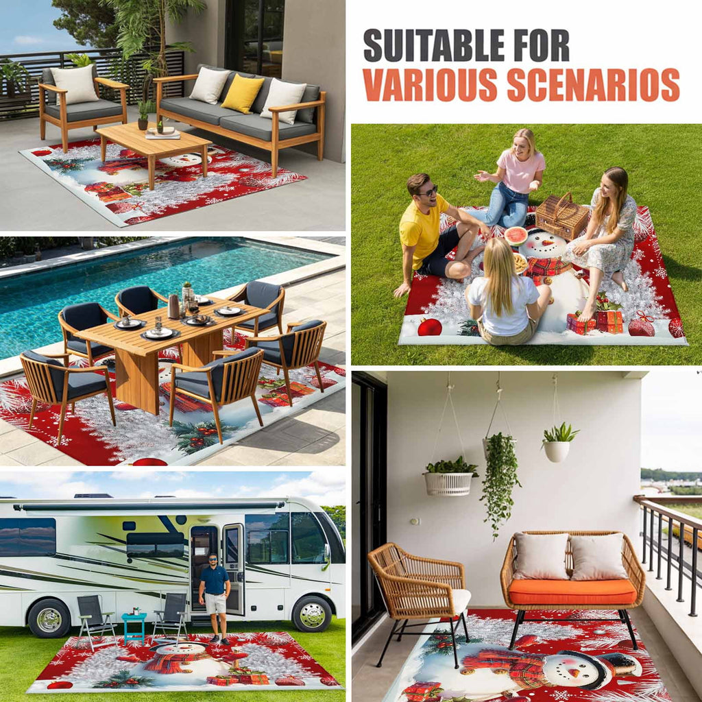 Grey Snowman Christmas Outdoor Rug for Patio/Deck/Porch, Non-Slip Large Area Rug 4 x 6 Ft, Xmas Tree Red Balls Snowflake Indoor Outdoor Rugs Washable Area Rugs, Reversible Camping Rug Carpet Runner