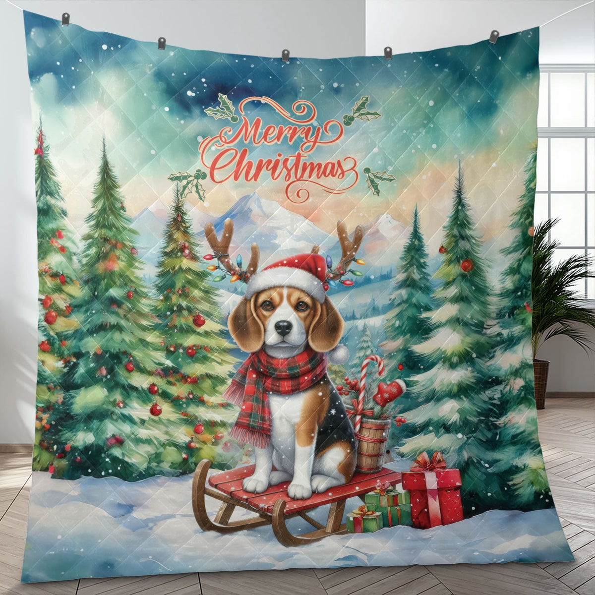Merry Christmas Santa Reindeer Antlers French Bulldog Sleigh Xmas Winter Holiday Quilt Bedding Set Dog Lover Gifts 1 Blanket Bed Cover 2 Pillowcases - 00023