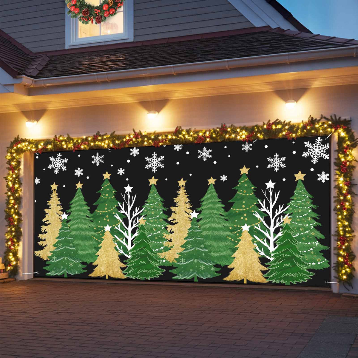 Fsddascl 7 x 16 Ft Christmas Garage Door Cover, Black Christmas Tree Large Garage Door Banner, Xmas Snowflake Green Golden Hanging Garage Mural Background for Indoor Outdoor Xmas Party Supplies