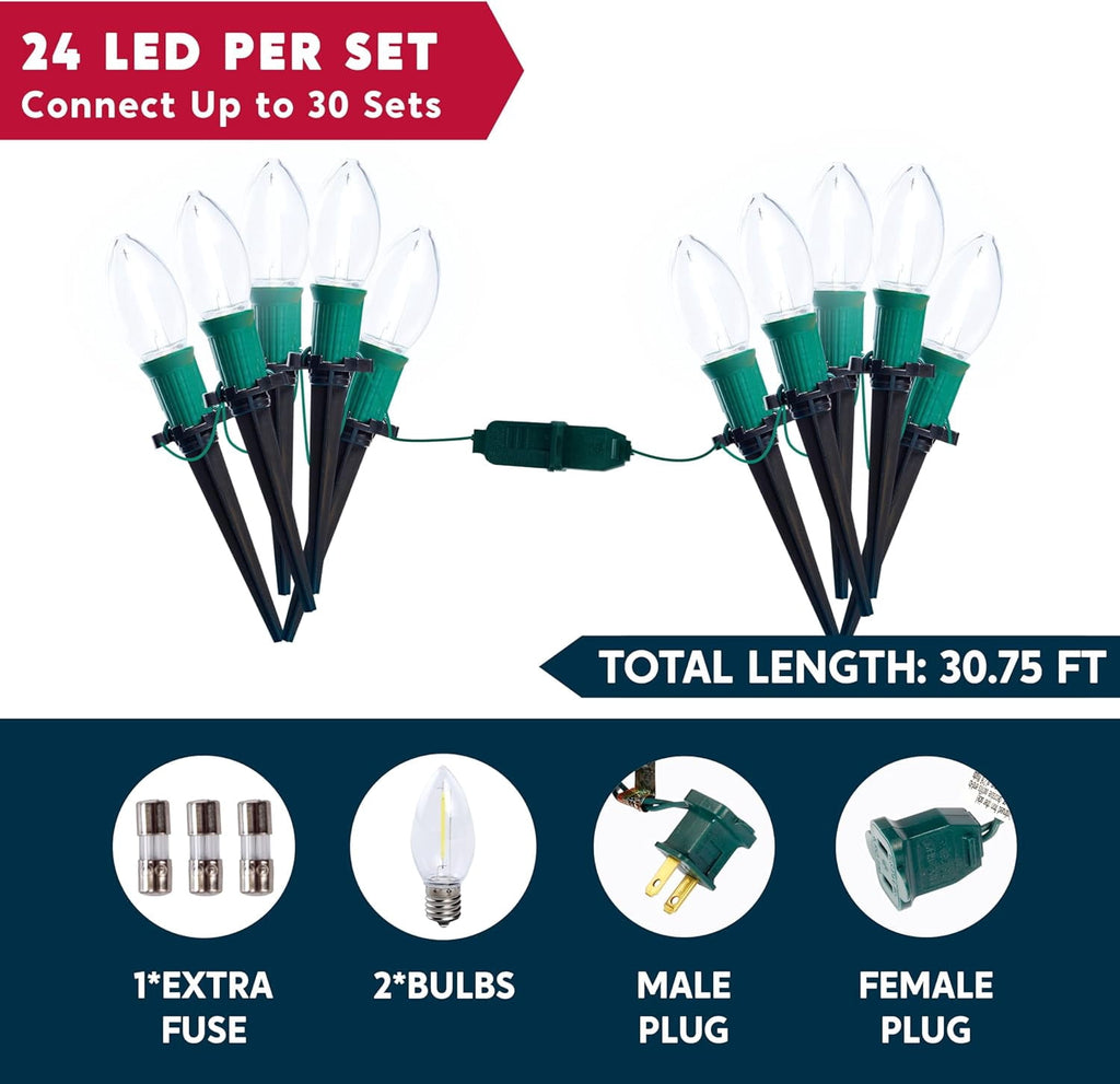 Joyfy Christmas Pathway Lights Outdoor,30.75 FT 24 Walkway Lights with Marker Stakes,Outdoor Christmas Lights for House Warm White Christmas Decorations