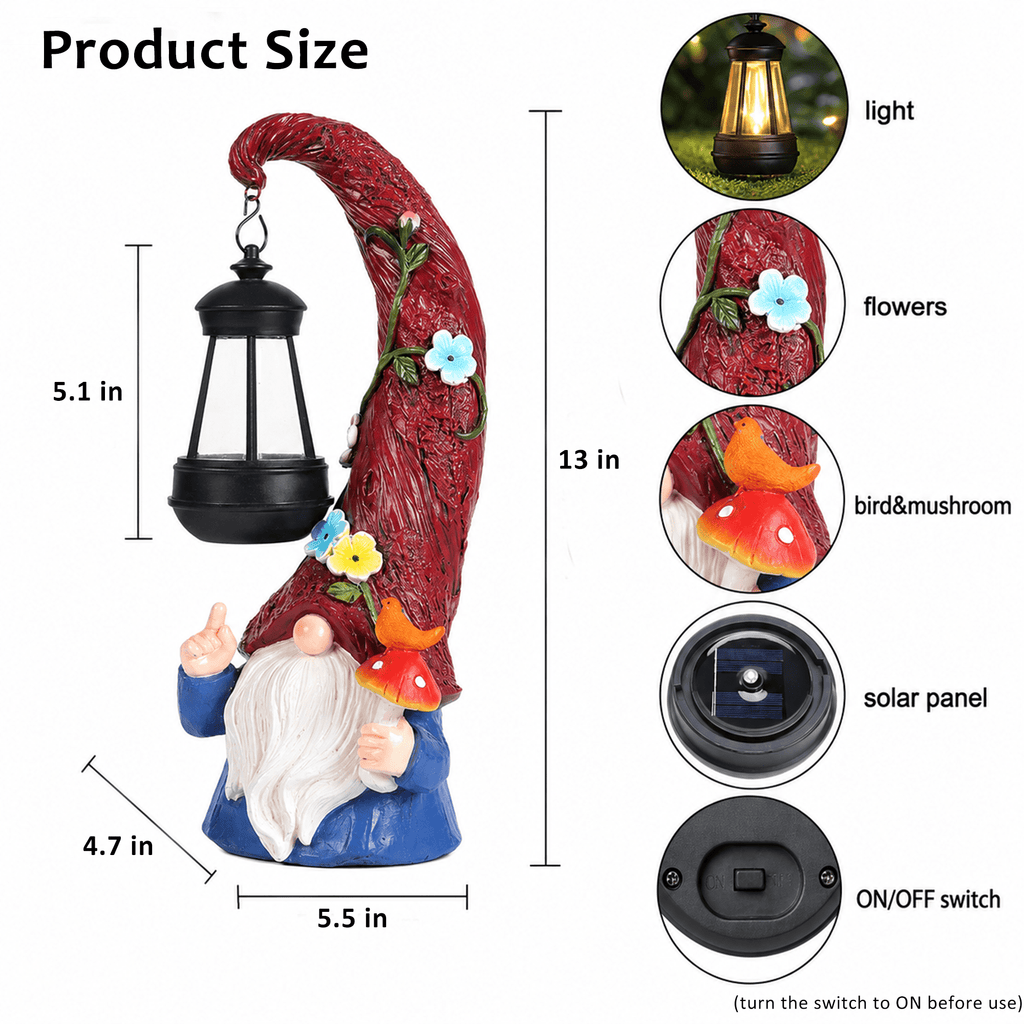 Volivo 13inch Garden Gnome Statue, Solar Powered Gnome Decor with LED Lantern, Waterproof for Patio Garden Pathway