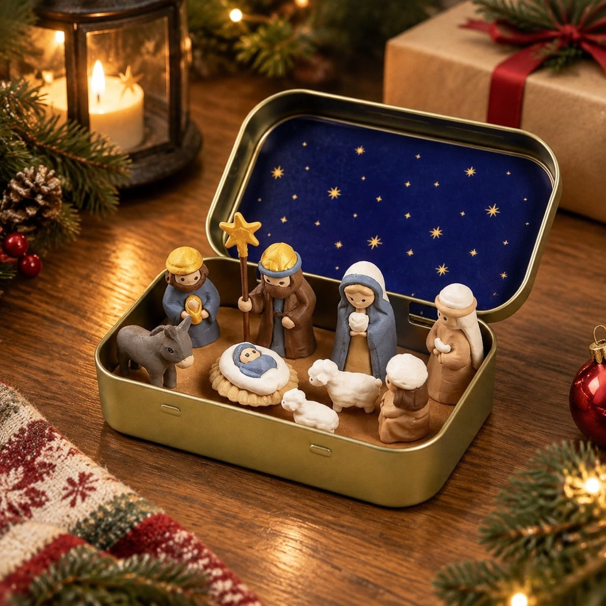 Mini Nativity in a Tin Box - 4.53" Nativity Scene Set with Holy Family Figurines, Portable Pocket Size Religious Christmas Decor Gift for Family, Gift Ideas