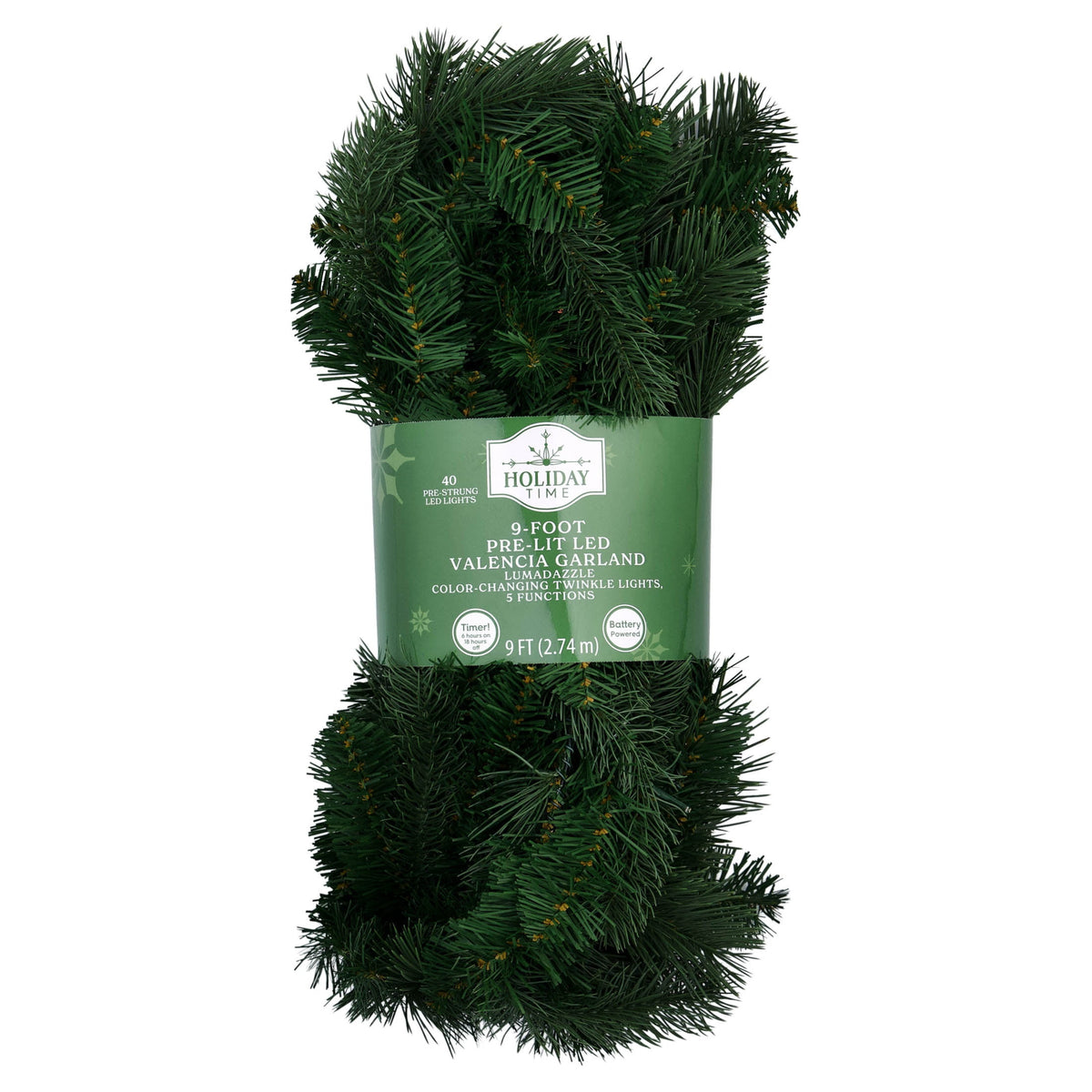 Valencia LumaDazzle Pre-Lit Color-Changing Twinkle LED Artificial Christmas Garland, Green, 9', by Holiday Time
