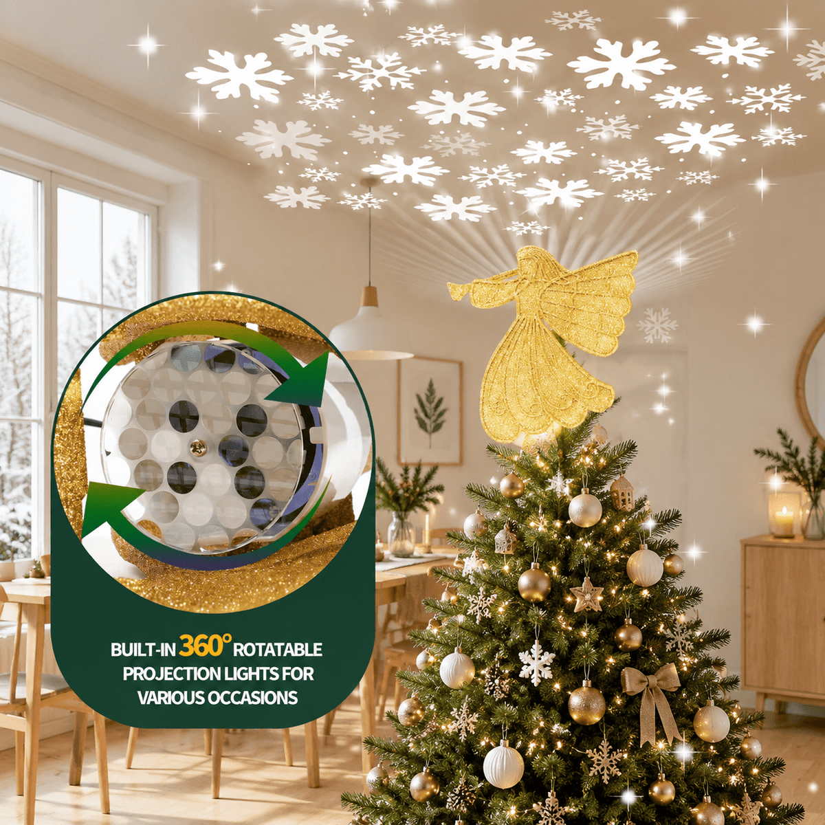 Lighted Angel Christmas Tree Topper with 6 Projection Modes and Rotating 3D Glitter Projector