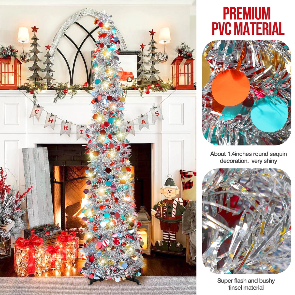 Ayieyill 5ft Pop up Christmas Tree,Color Artificial Pencil Tinsel Xmas Trees for Christmas Indoor Decorations, Collapsible Christmas Tree (Silver)