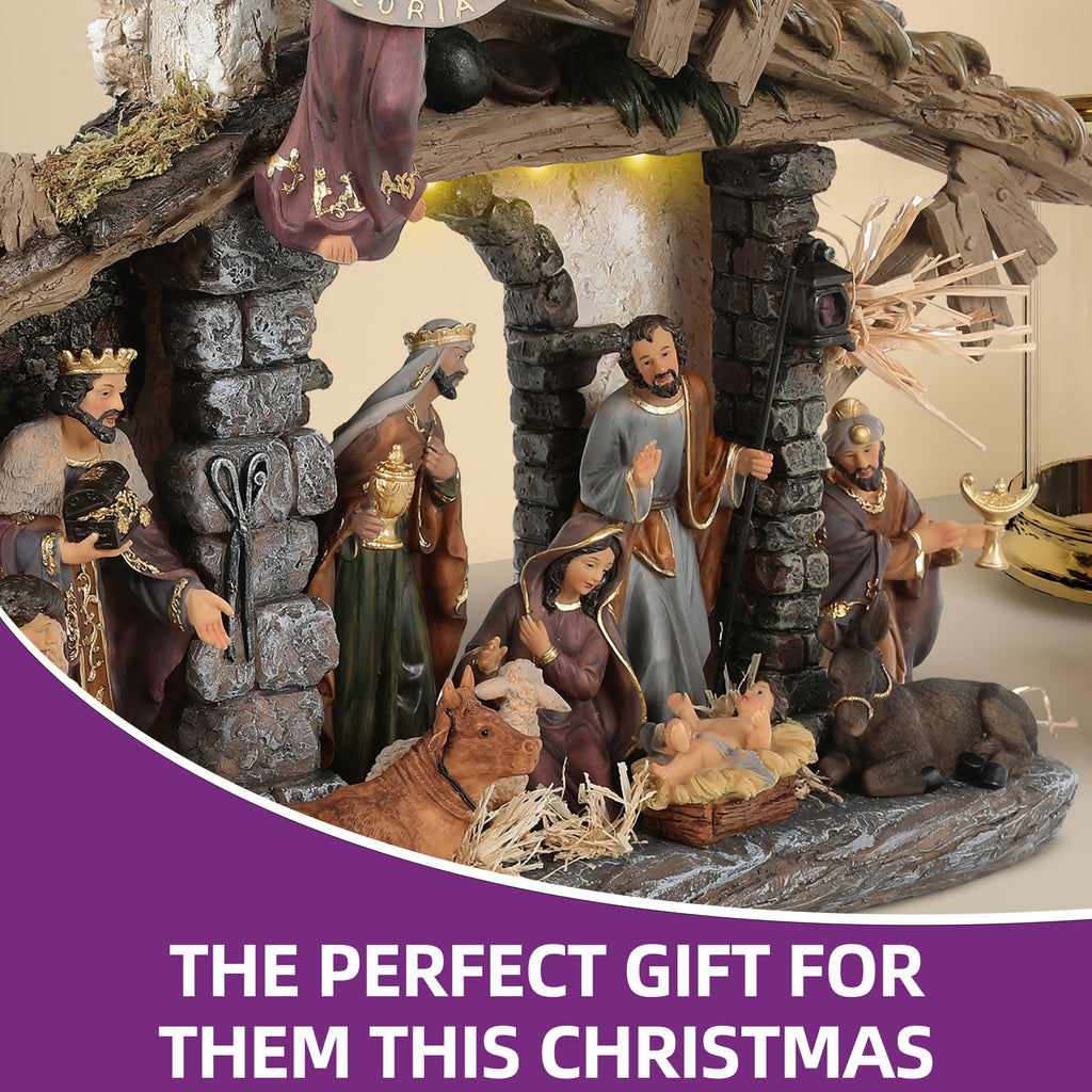 Ultym 20 inch Lighted Christmas Nativity Scene Set of 12 with Rustic Stable