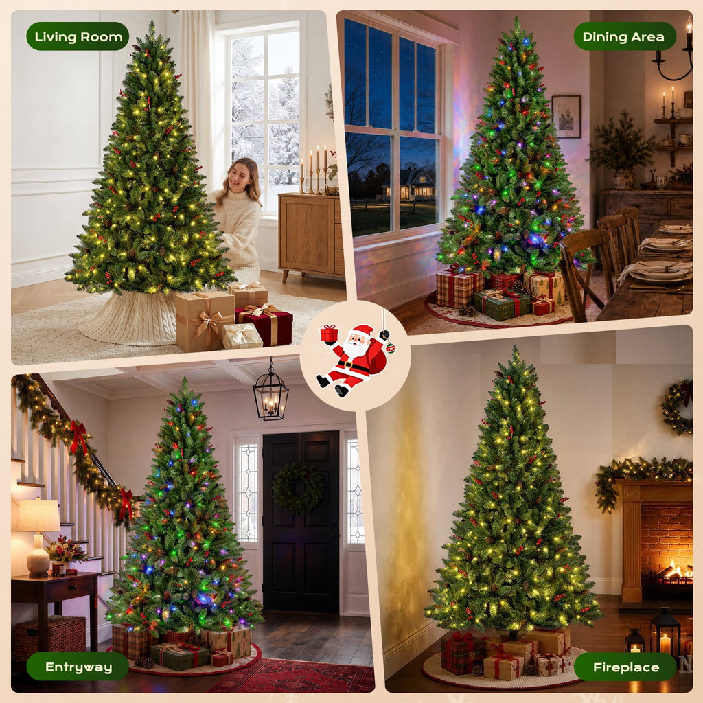 Goosiay Artificial Christmas Tree Pre-Lit Flocked Hinged with Red Berries & Pinecones, 350 Warm White & Multicolor LED Lights, 7 ft