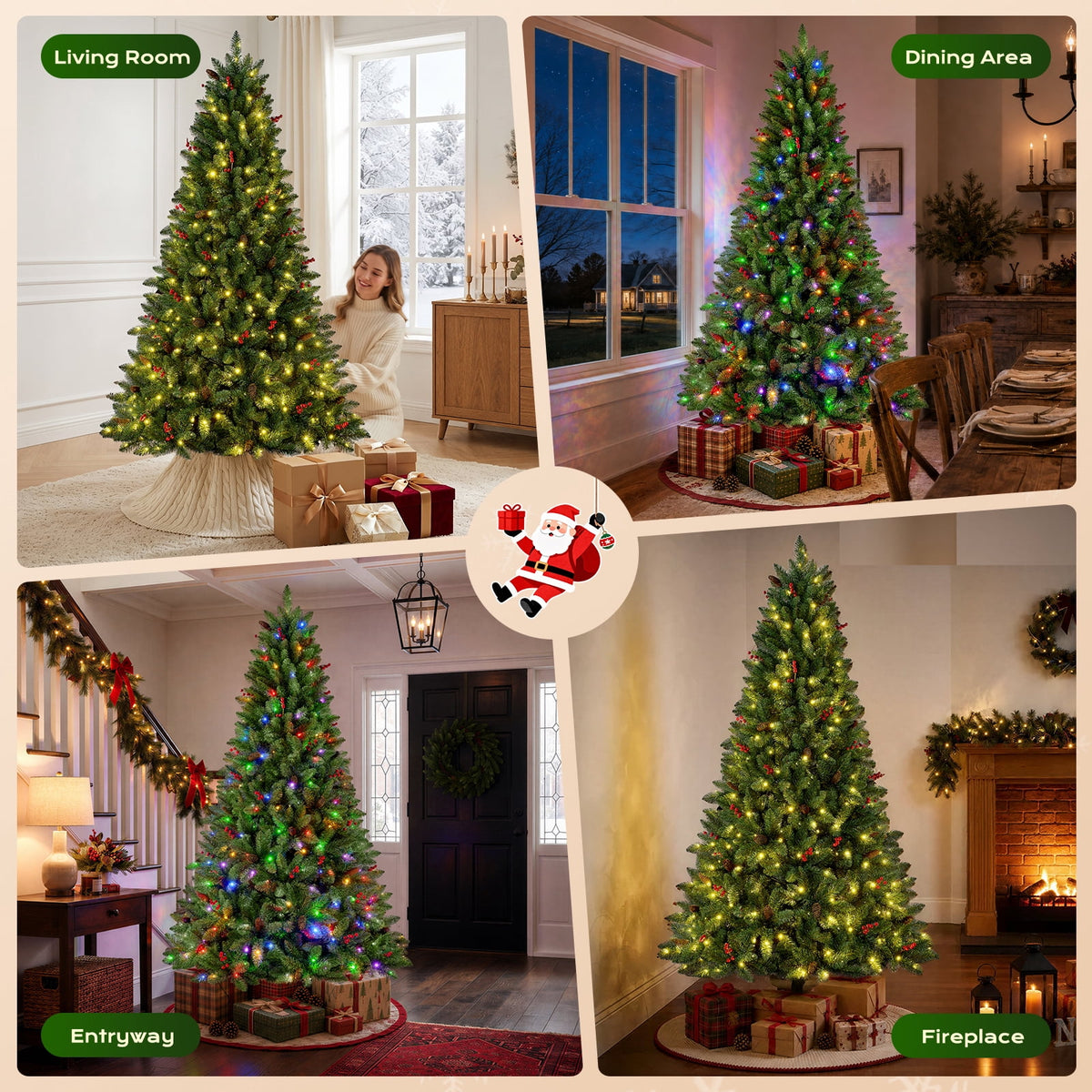 Goosiay Artificial Christmas Tree Pre-Lit Flocked Hinged with Red Berries & Pinecones, 350 Warm White & Multicolor LED Lights, 7 ft