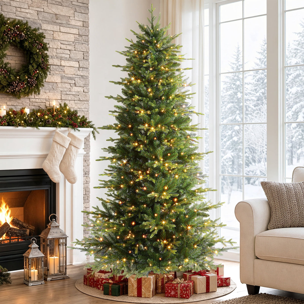 Lolsea 7ft Prelit Aspen Noble Fir Artificial Christmas Tree with Realistic PE Foliage, Warm White & Multi-Color Lights and Remote Control
