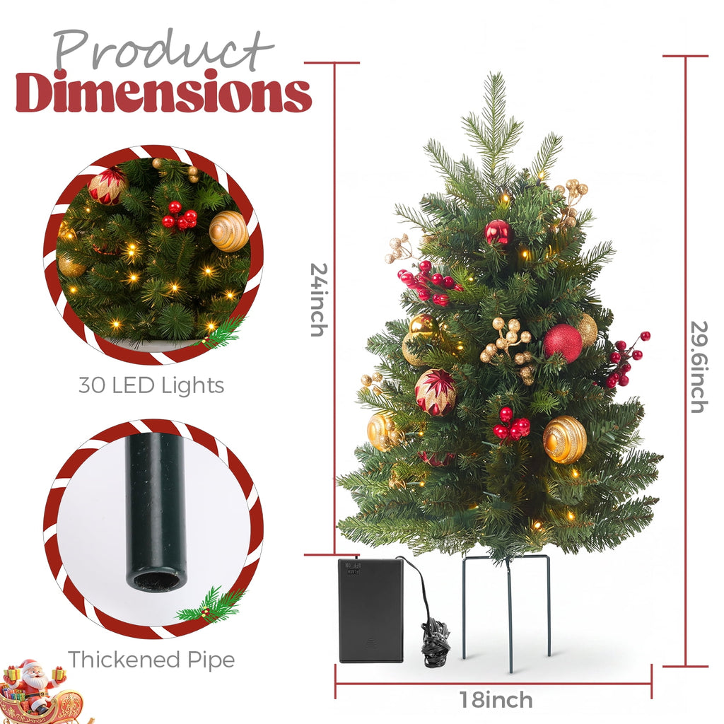 2 Pack 30 inch Prelit Outdoor Pathway Christmas Tree, Artificial Small Xmas Tree with Dual Color Berries & Balls, 30 Battery Operated Warm Lights for Holiday New Year Winter Patio Driveway Yard Lawn