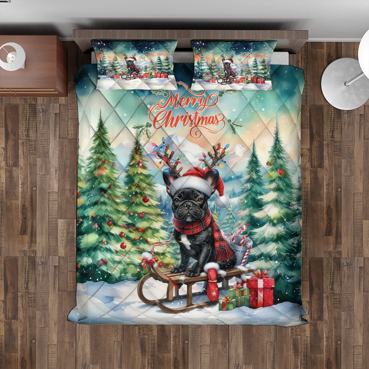 Merry Christmas Santa Reindeer Antlers French Bulldog Sleigh Xmas Winter Holiday Quilt Bedding Set Dog Lover Gifts 1 Blanket Bed Cover 2 Pillowcases - 00023