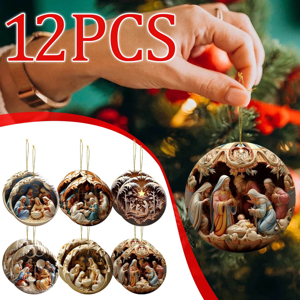 Wooden Christmas Ornaments, Nativity Scene Decorations, 12-Piece Handcrafted Wooden Nativity Ornament Set, Traditional Christmas Tree and Home Decor