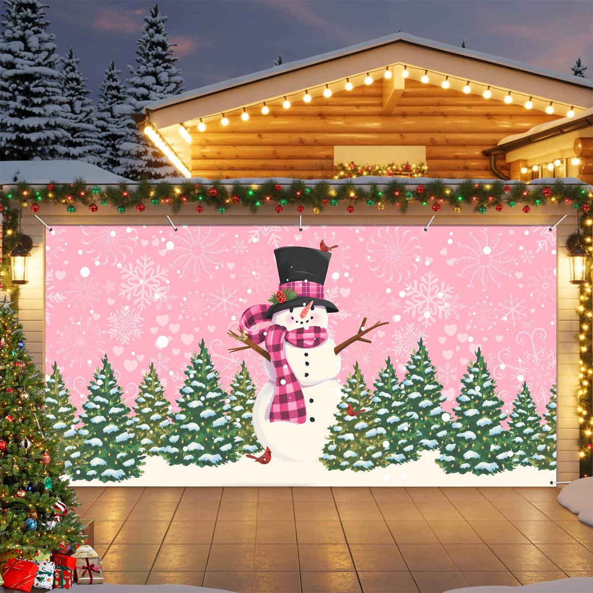 Fsddascl 7 x 16 Ft Christmas Garage Door Cover, Pink Snowman Christmas Large Garage Door Banner, Green Xmas Tree Snowflake Hanging Garage Mural Background for Indoor Outdoor Xmas Party Supplies