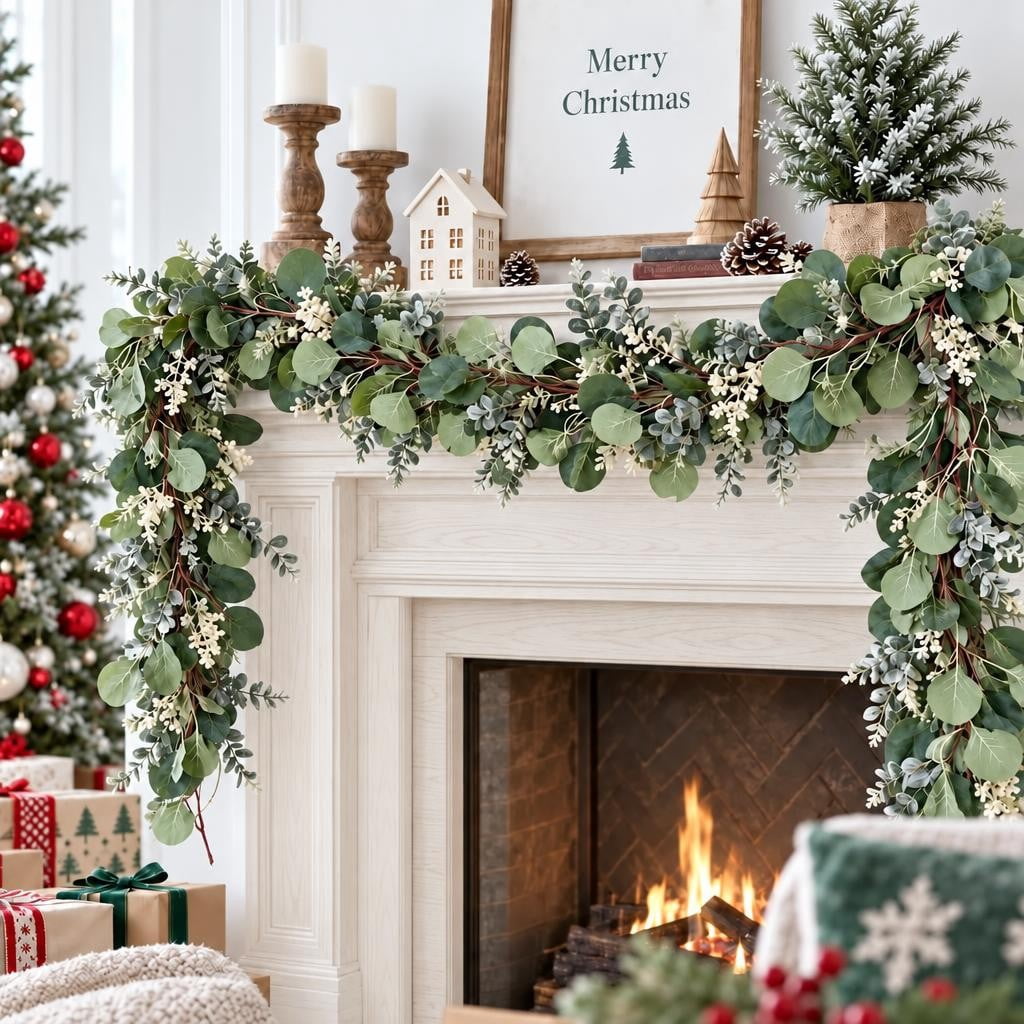 Scidweet Christmas Eucalyptus Garland, 2 Pcs 6.56 FT Artificial Greenery Garland Silver Dollar Leaves Boxwood Vines with White Buds for Home Wedding Party Table Mantle Xmas Decor