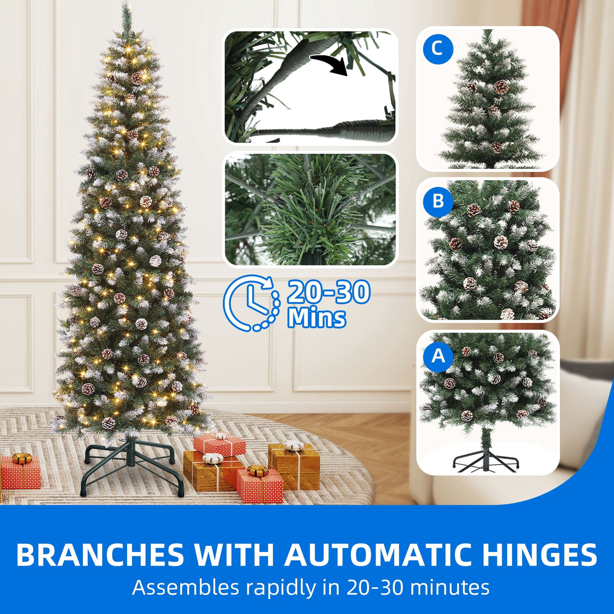 Dextrus 6 ft Prelit Pencil Christmas Tree with 50 Pine Cones, Flocked Artificial Hinged Xmas Christmas Tree with 618 Tips & 250 Lights, Remote Control,11 Light Modes, Green