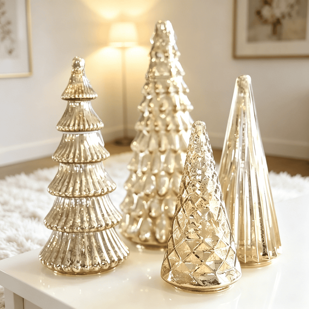 BESTSKY 2026 New Mercury Glass Christmas Tree with Led Lights,5Pcs Illuminated Mercury Glass Trees,Battery Operated,Mercury Glass Christmas Tree Set for Xmas Home Party Centerpiece Mantel Gift 5 Pcs