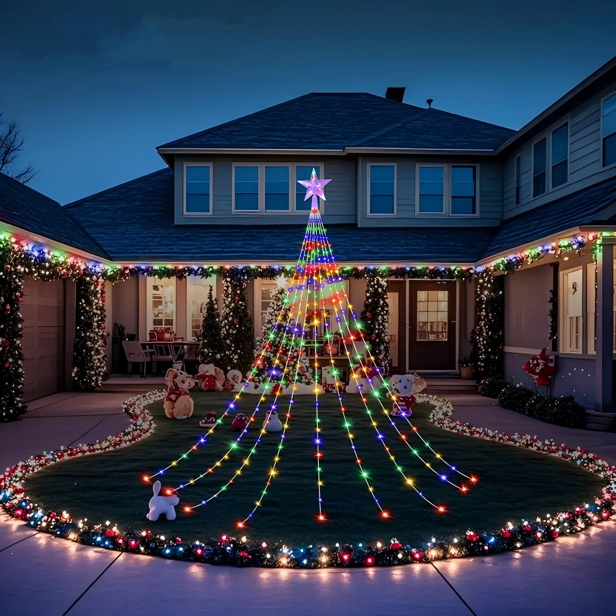 PMMIPNW Christmas Tree Lights Plug in 180LED, 8 Modes Christmas String Light with Topper Star, Waterfall Xmas Tree Lights with Timer for 6ft - 8ft Tree Wall Decoration (Multicolor)