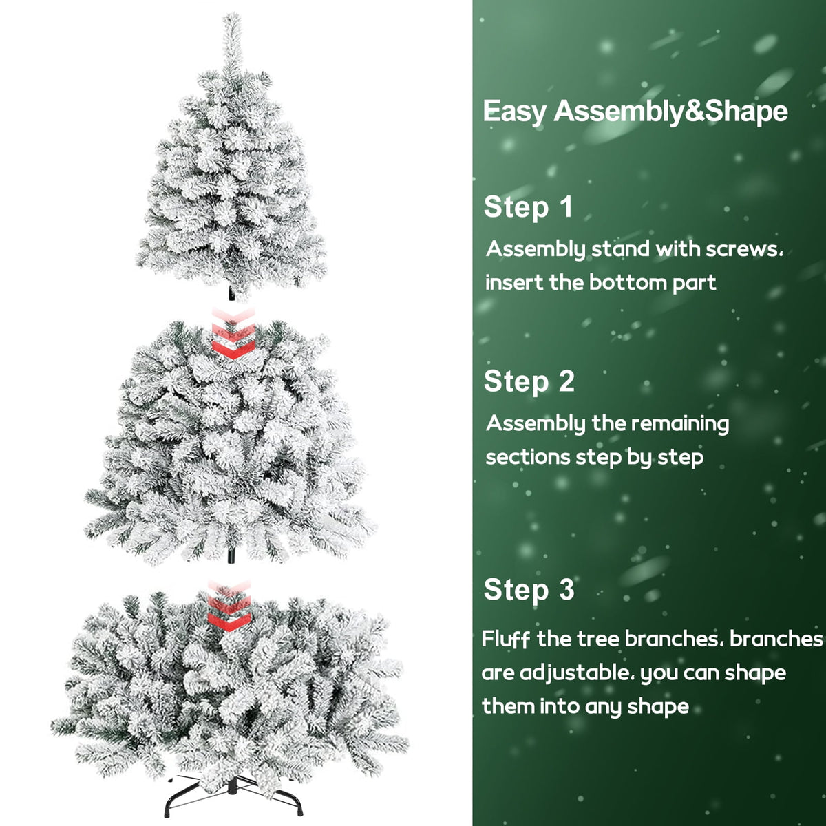 7FT Artificial Snow Flocked Christmas Tree, Unlit Artificial Christmas Pine Tree with 800 Branch Snow Tips and Metal Stand, Holiday Xmas Pine Tree for Indoor Outdoor Home Office Party Decoration