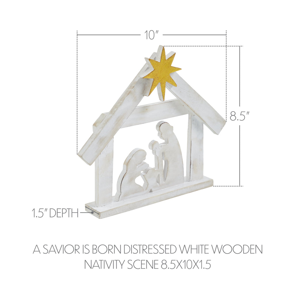 VHC Brands A Savior is Born Distressed White Wooden Nativity Scene 8.5x10x1.5
