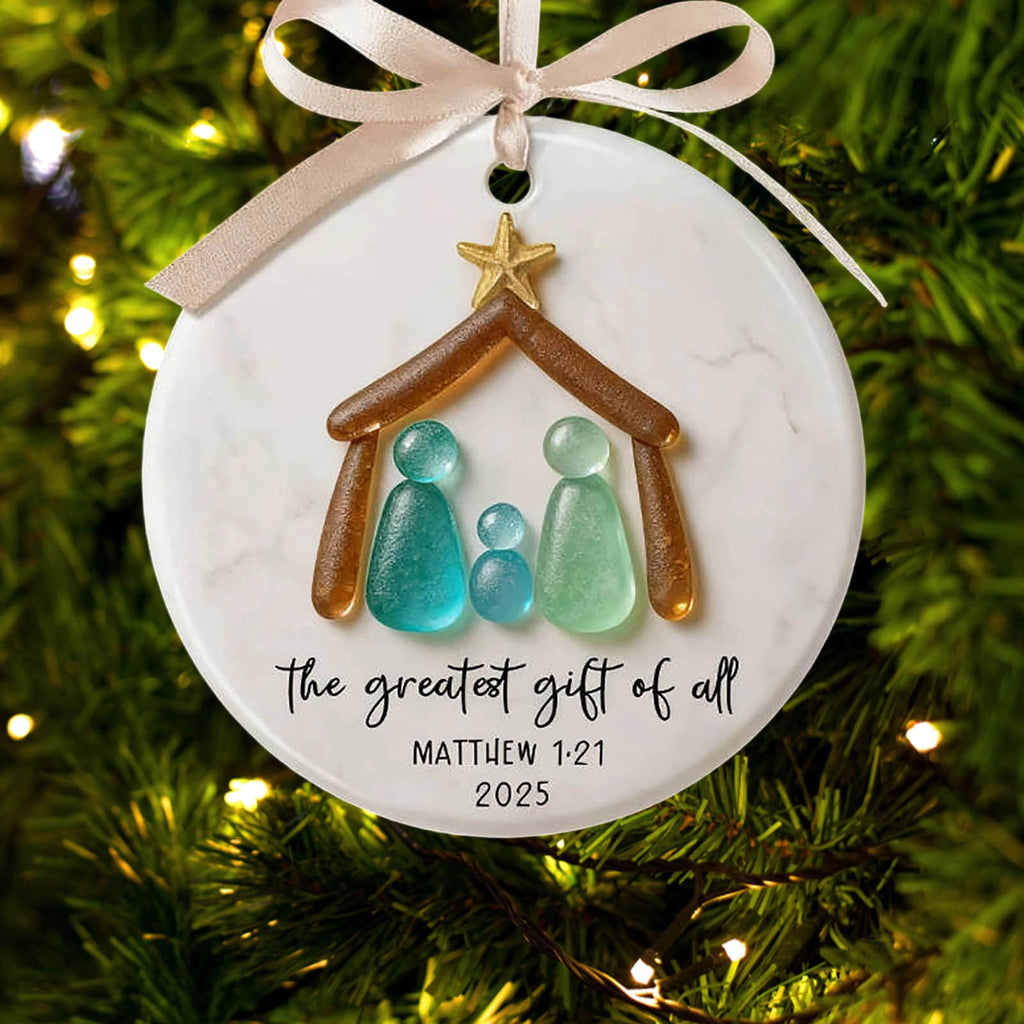 Lunxisen 1 Pcs Sea Glass Nativity: Jesus’ Birth Christmas Ornament,Coastal Inspired Sea Glass Nativity Ornament,Handmade Nativity Scene, with Shells and Starfish