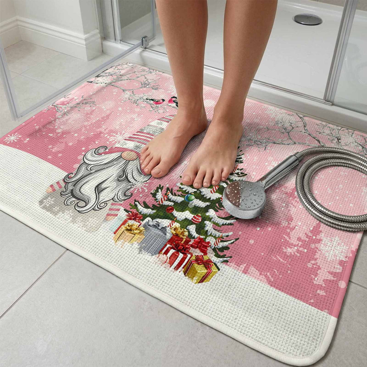 Pink Gnomes Christmas Washable Area Rugs for Living Room Bedroom, Large Non Slip Indoor Floor Carpet Absorbent Xmas Tree Gifts Winter Snowflake Birds Door Mat Rugs for Bathroom Entryway 47.2"x63"