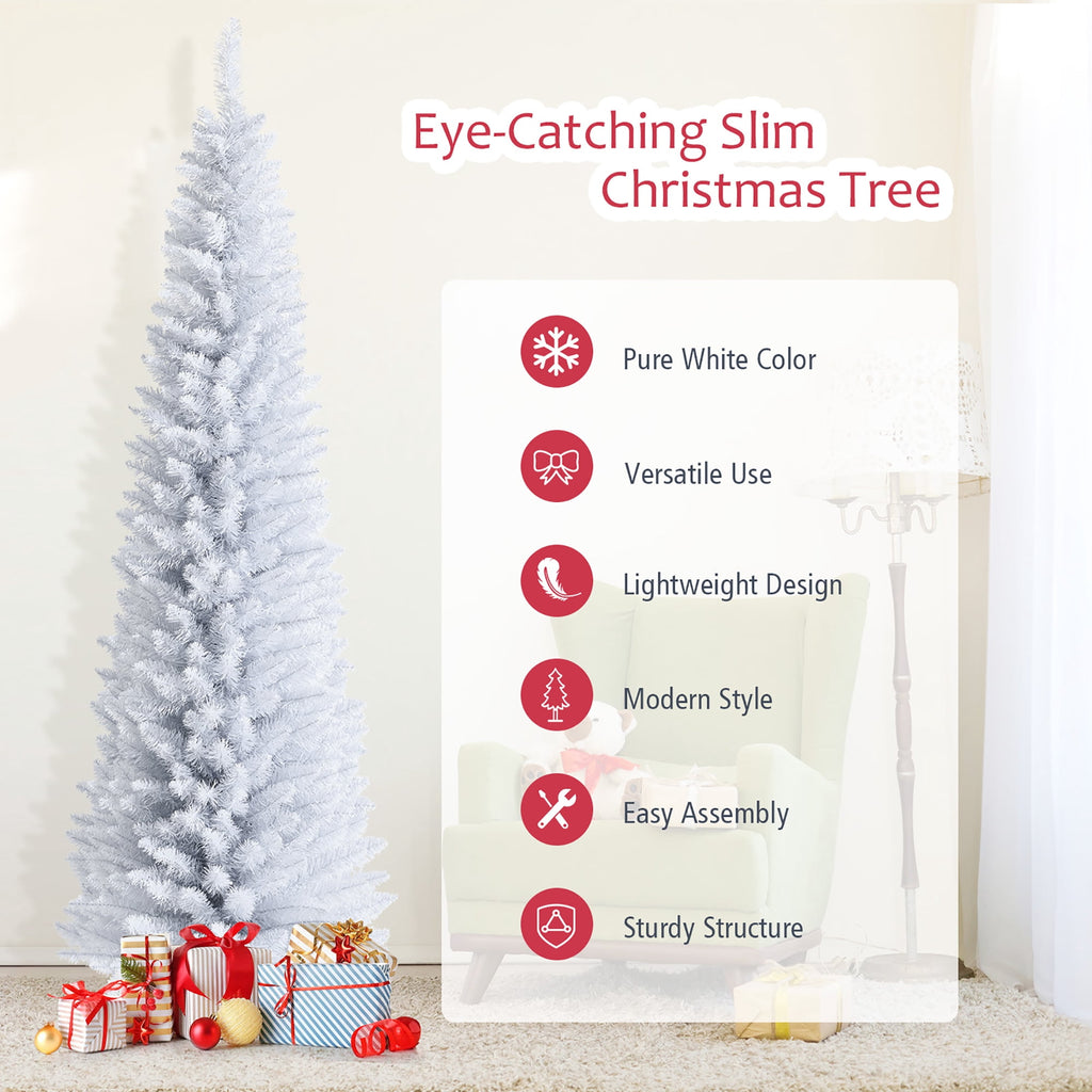 Costway 6ft Unlit Artificial Slim Pencil Christmas Tree with Metal Stand White