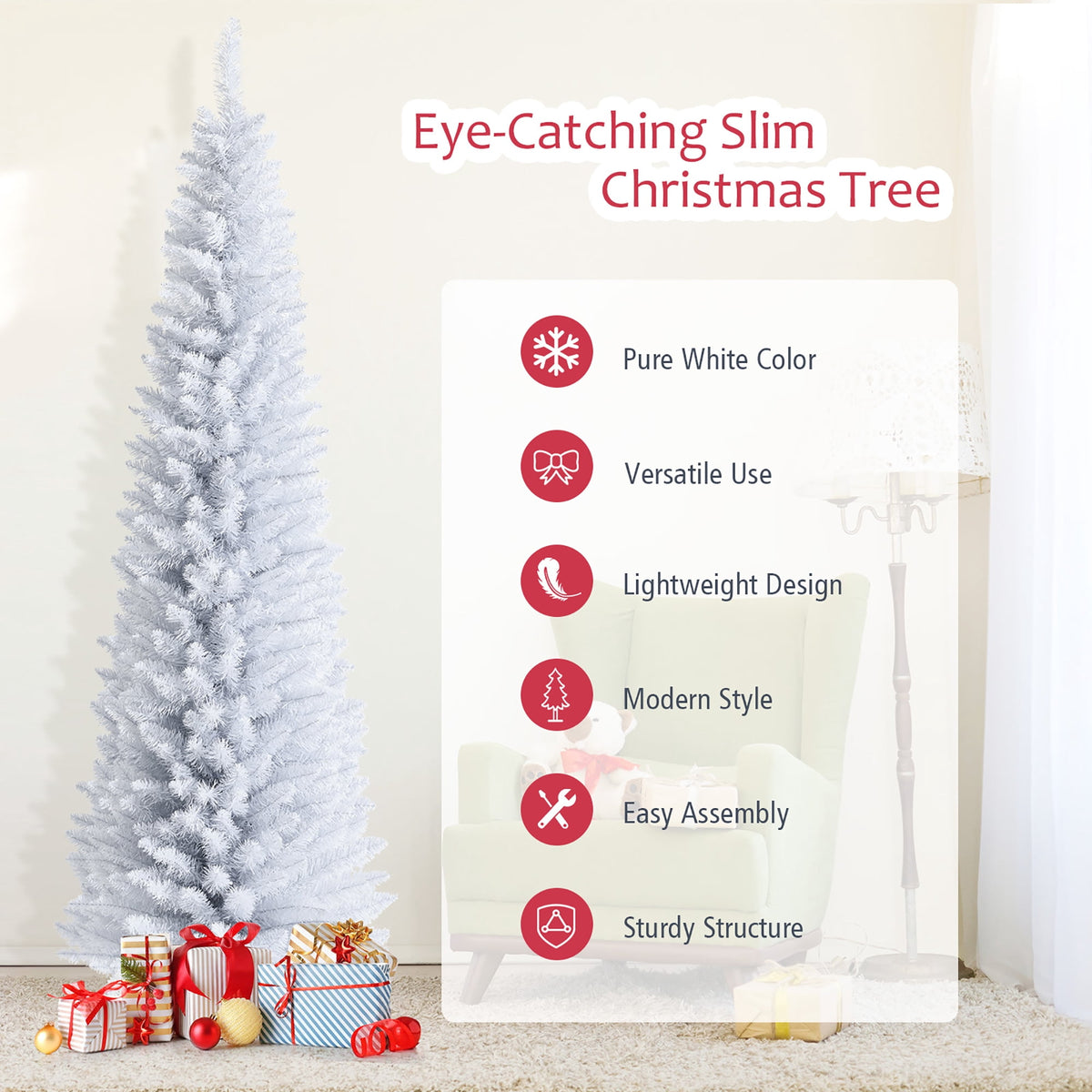 Costway 6ft Unlit Artificial Slim Pencil Christmas Tree with Metal Stand White