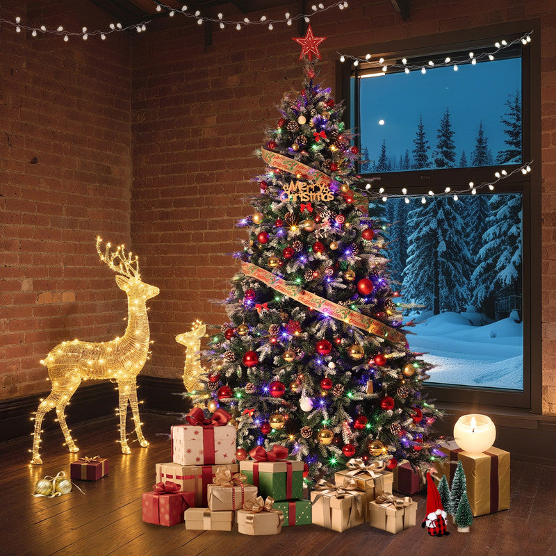JoanKaren 7.5' Pre-Lit Green Artificial Christmas Tree,Metal Stand Full Xmas Tree with 600 Multicolor Lights