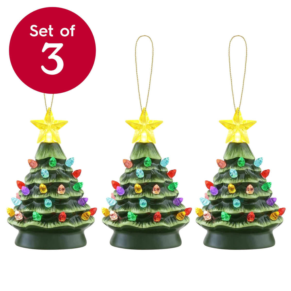Mr. Christmas 5.25-Inch Nostalgic Tabletop Christmas Trees, Set of 3, White, LED Lights