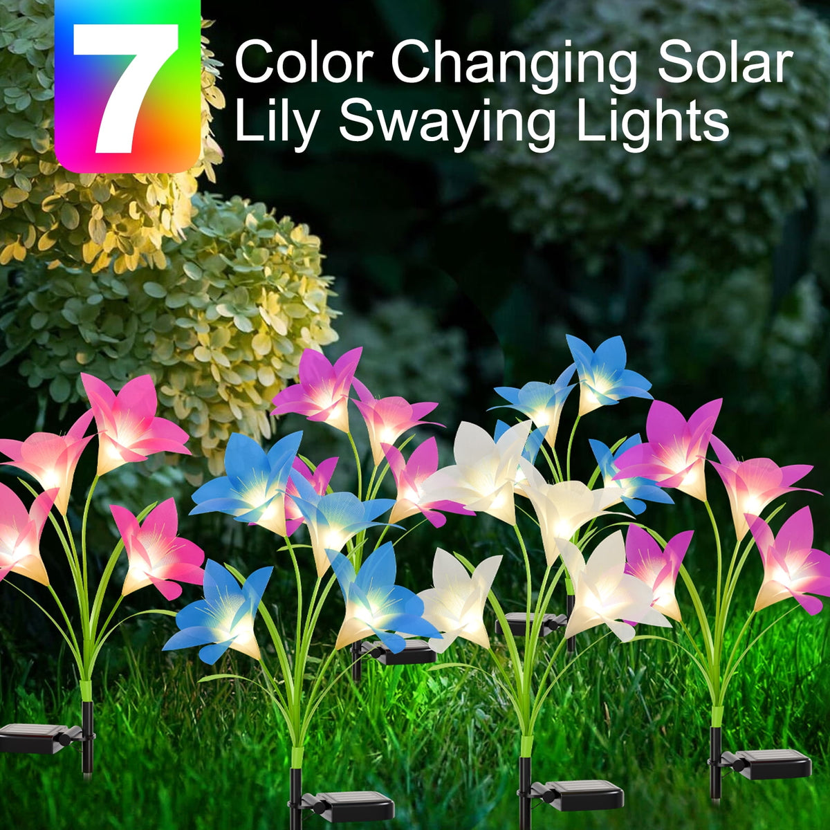 Solar Garden Lights Outdoor Decor, Lily Flower Garden Stake Lights Waterproof, 4 PCS LED Solar Lights Solar Powered for Outside Patio Garden Pathway Yard Decoration, Color Changing