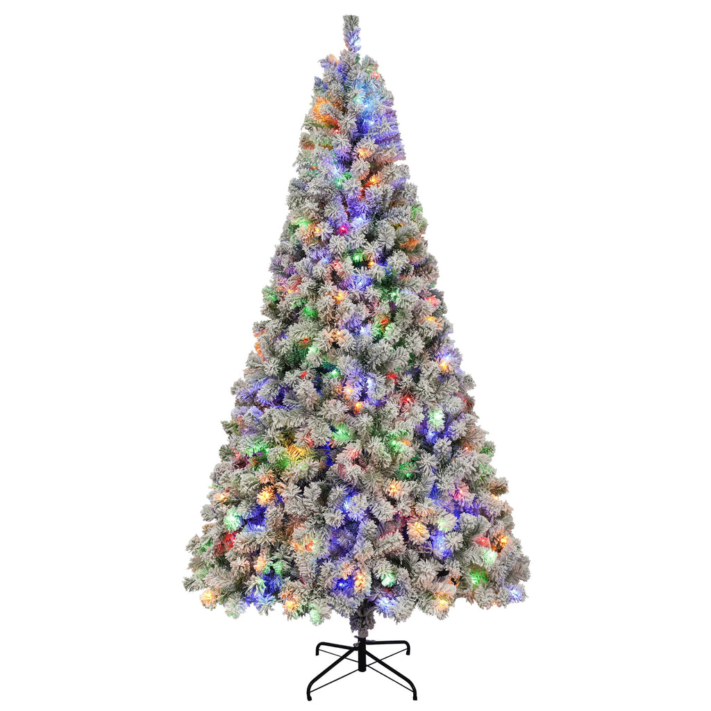 Yexmas 6FT Pre-Lit Snow Flocked Christmas Tree,Artificial White Christmas Tree with Large Christmas Tree Storage Bag,11 Modes Warm White & Multicolor LED Lights for Xmas Decoration