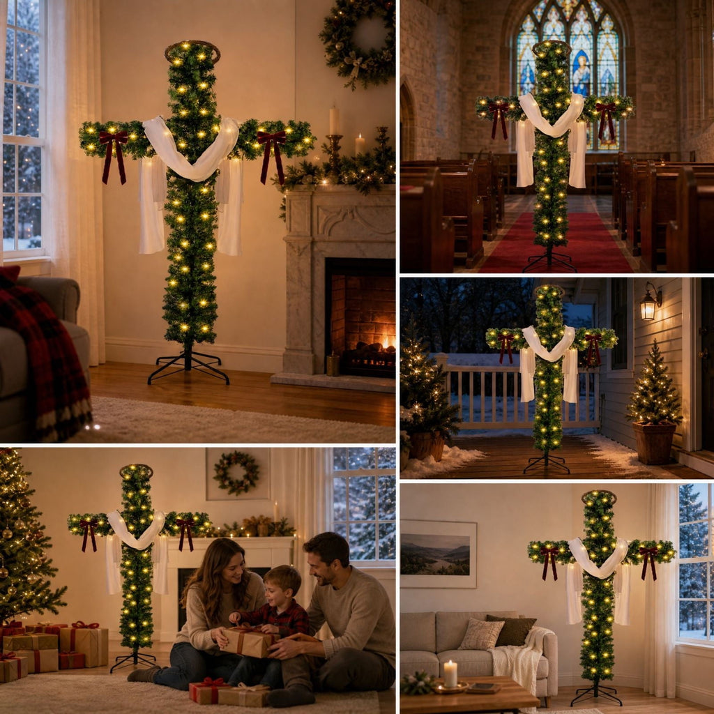 5ft Christmas Cross Tree with Bow & Scarf, Religious Christmas Tree with Warm LED Lights