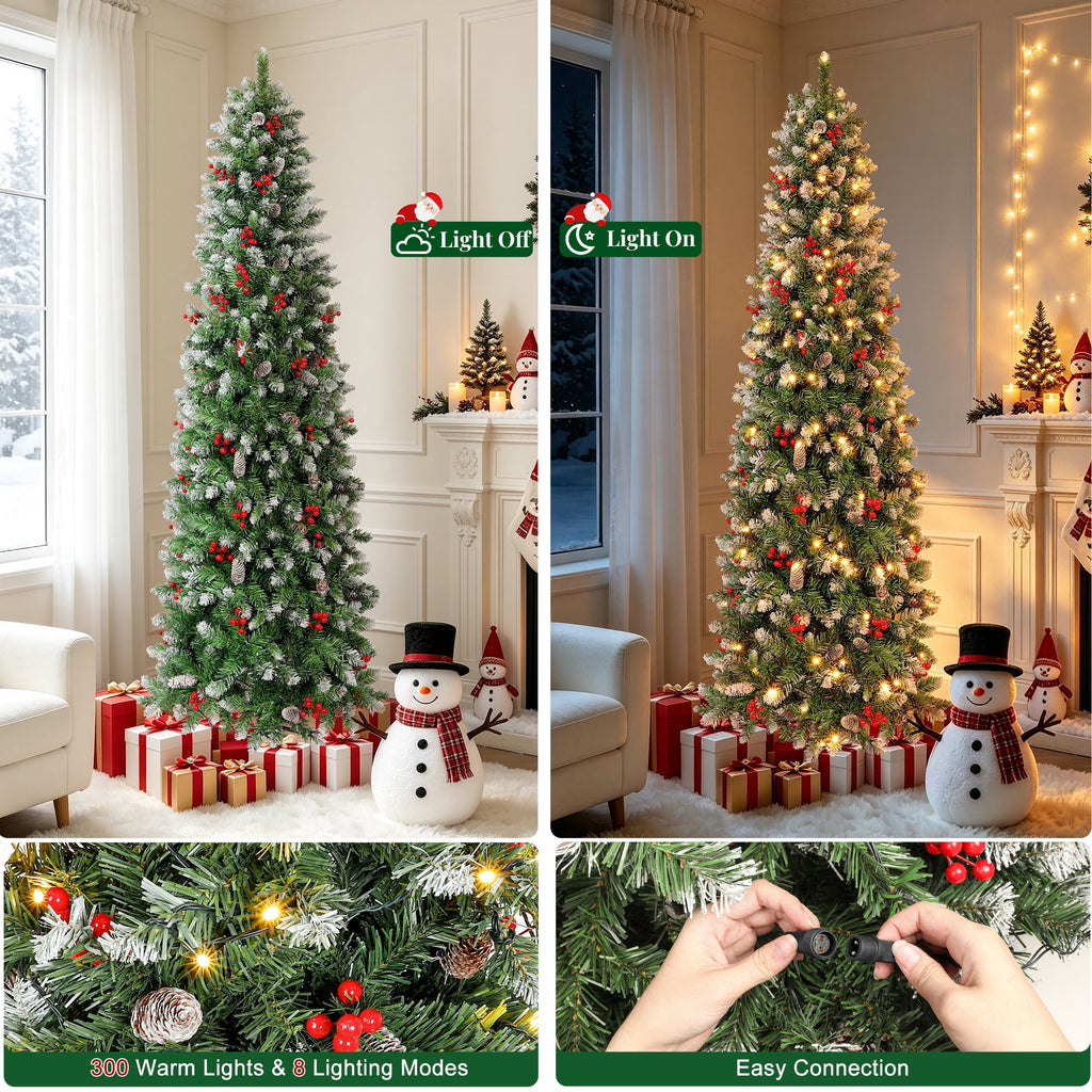 Aufeile 6ft Pencil Christmas Tree, Slim Pre-Lit Xmas Tree, 200 LED Lights, 600 Hinged Tips, Pine Cones, Berries, Metal Stand
