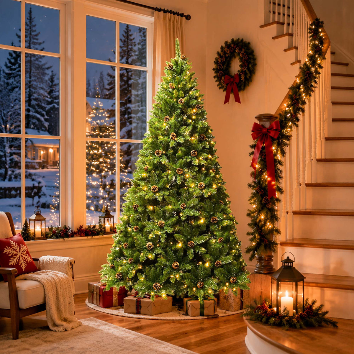 Yexmas 6FT Pre-Lit Green Christmas Tree with Pinecones, Artificial Xmas Tree with Large Storage Bag for Indoor Christmas Decorations