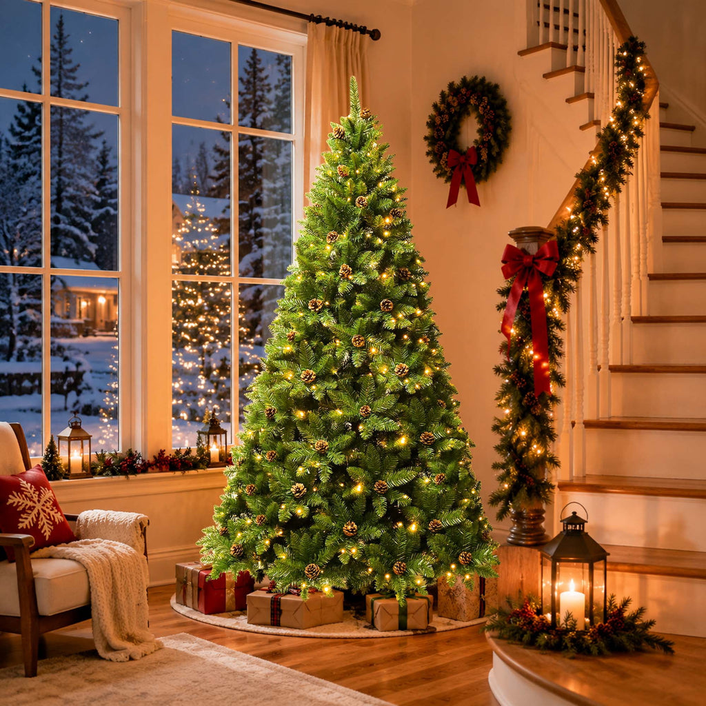 Yexmas 9FT Pre-Lit Green Christmas Tree with Pinecones, Artificial Xmas Tree with Large Storage Bag for Indoor Christmas Decorations