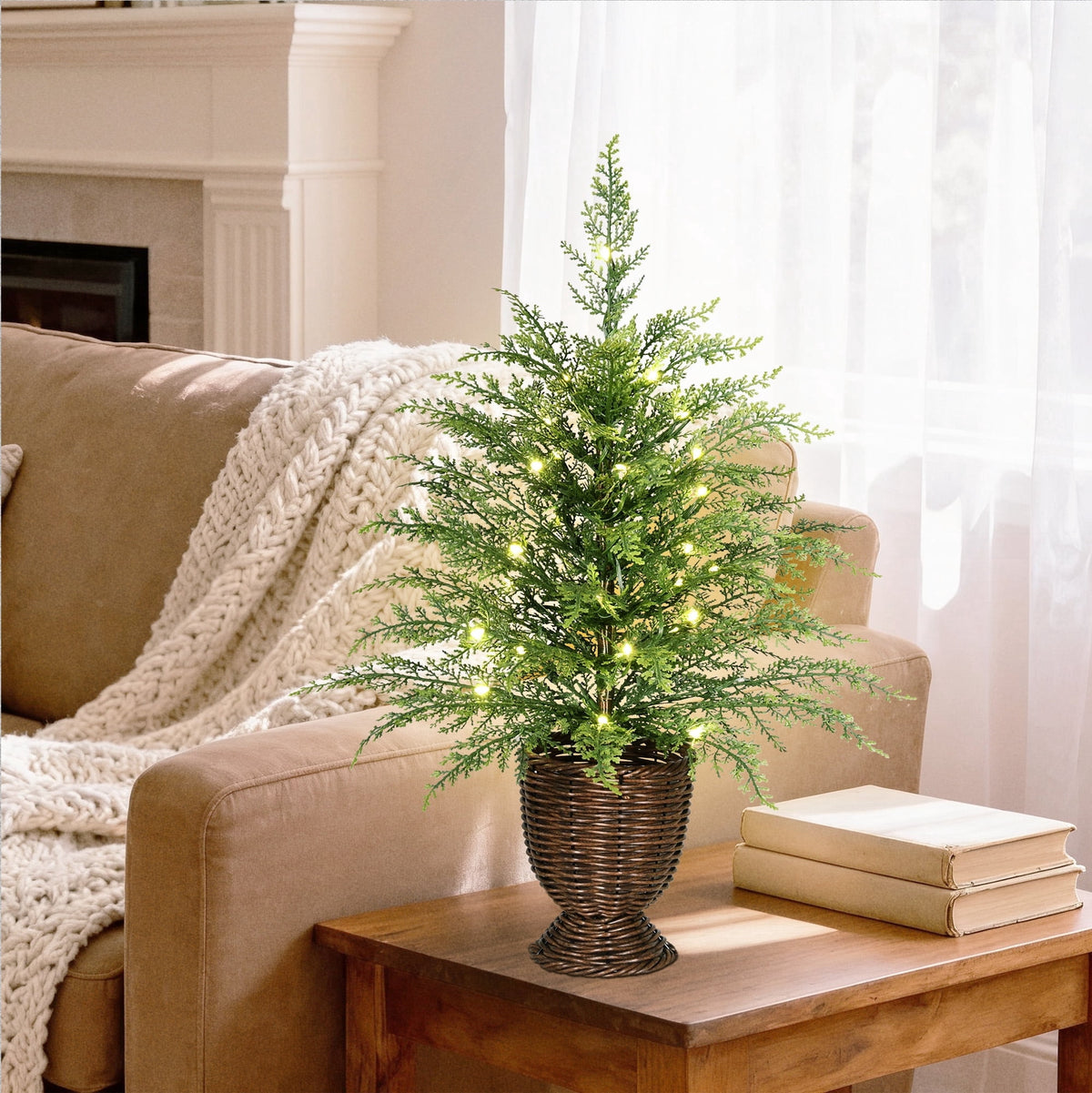 My Texas House 24" Small Pre-Lit Cypress Green Artificial Christmas Tree with 30 Warm White Twinkle LED Lights in Woven Basket
