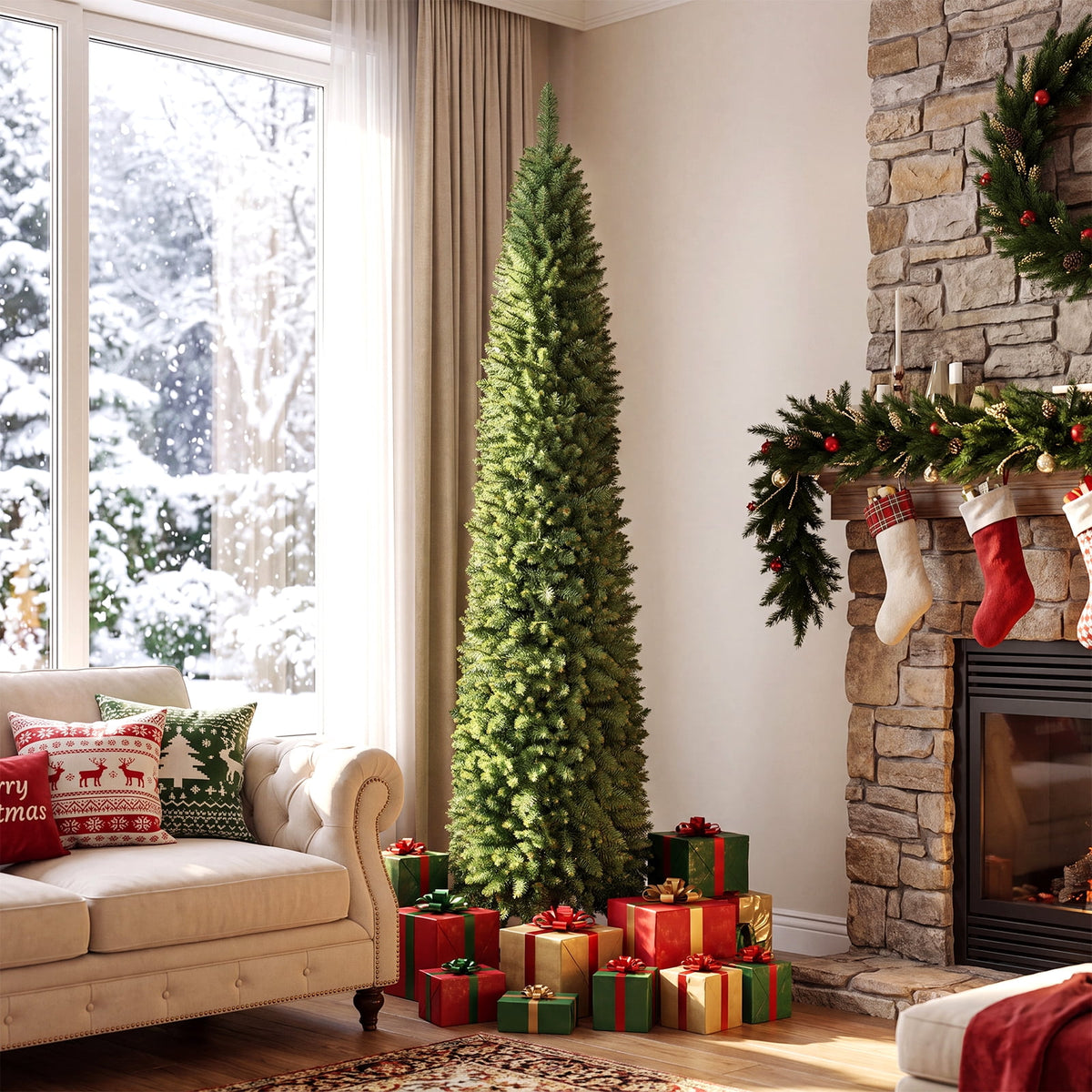 Gymax 9 FT Pre-Lit Artificial Christmas Tree Realistic Slim Pencil Xmas Tree