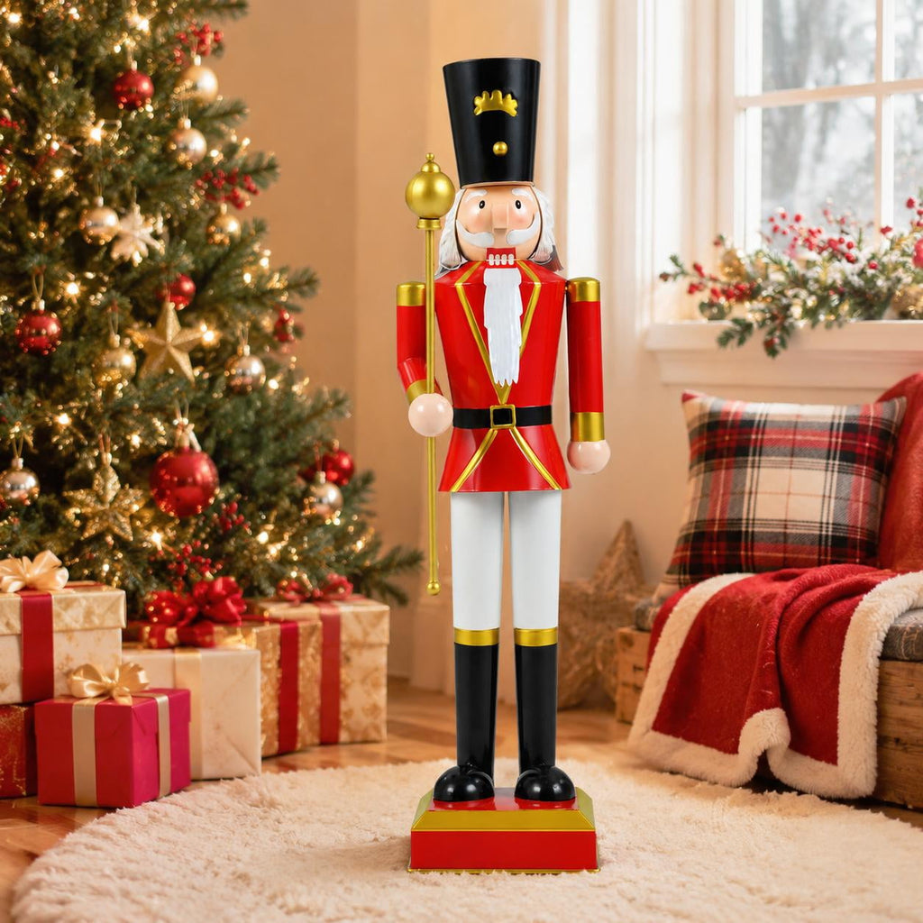 Christmas Nutcracker Decor, 32.5 Inch, with High Hat, Scepter, Metal Frame, Storage Compartment, Black & Red