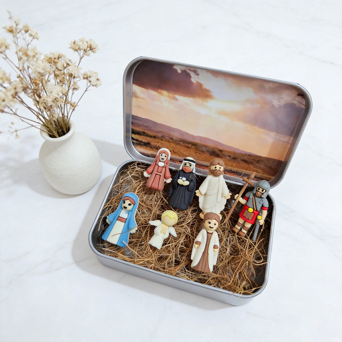 Mini Christmas Nativity Set in Tin Box | Christmas Decor Gift for Family | Portable Pocket Nativity Scene, Christmas Indoor Table Decoration