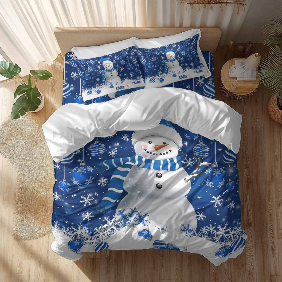Christmas Blue Snowman 4 Piece Duvet Cover Set Full Size Xmas Balls Snowflake Soft Bedding Set Comforter Cover, 1 Duvet Cover 1 Flat Sheets and 2 Pillowcases