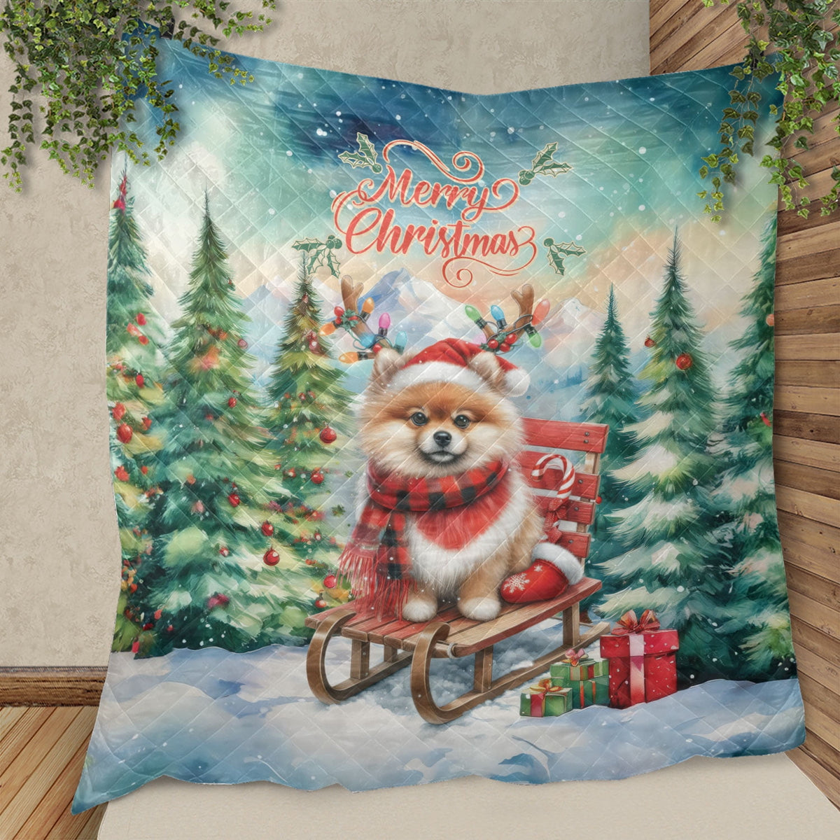 Merry Christmas Santa Reindeer Antlers French Bulldog Sleigh Xmas Winter Holiday Quilt Bedding Set Dog Lover Gifts 1 Blanket Bed Cover 2 Pillowcases - 00023