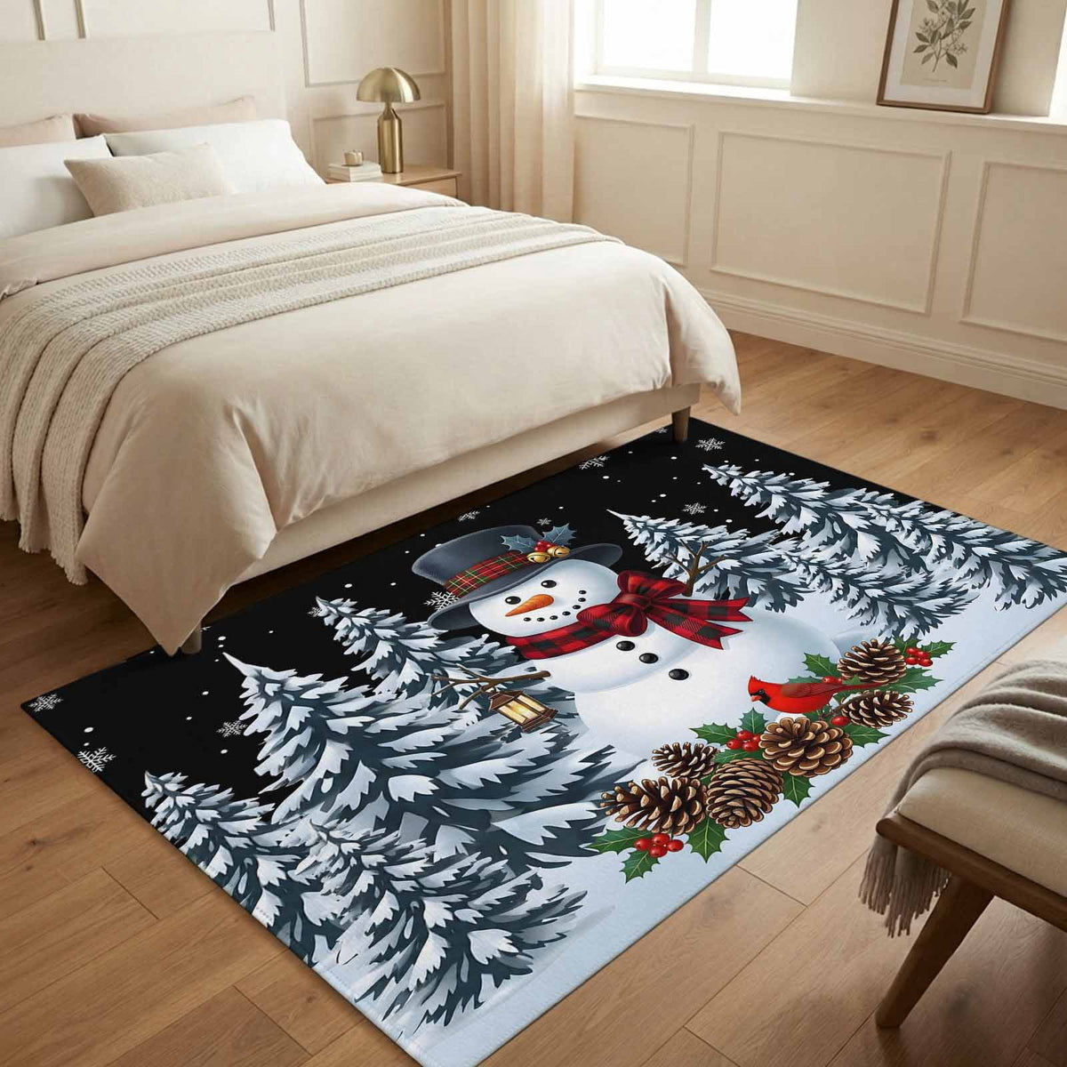 5x7 Area Rugs, Light Blue Snowman Christmas Non-Skid Rubber Backing Large Rectangle Rugs - Living Room Bedroom Home Office, Xmas Pinecone Tree Snowflake Indoor Floor Mat Carpets Washable Rug