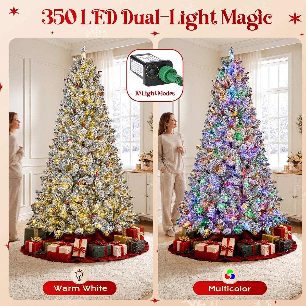 Goosiay Artificial Christmas Tree Pre-Lit Flocked Hinged with Red Berries & Pinecones, 350 Warm White & Multicolor LED Lights, 7 ft